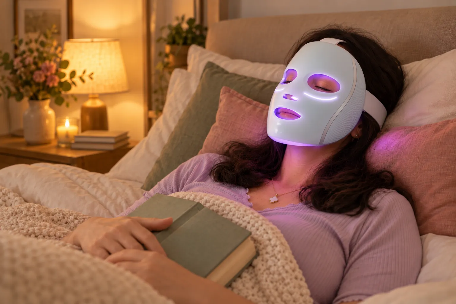Anna liegt abends mit einer LED-Maske im Bett, ein Buch auf dem Bauch.
