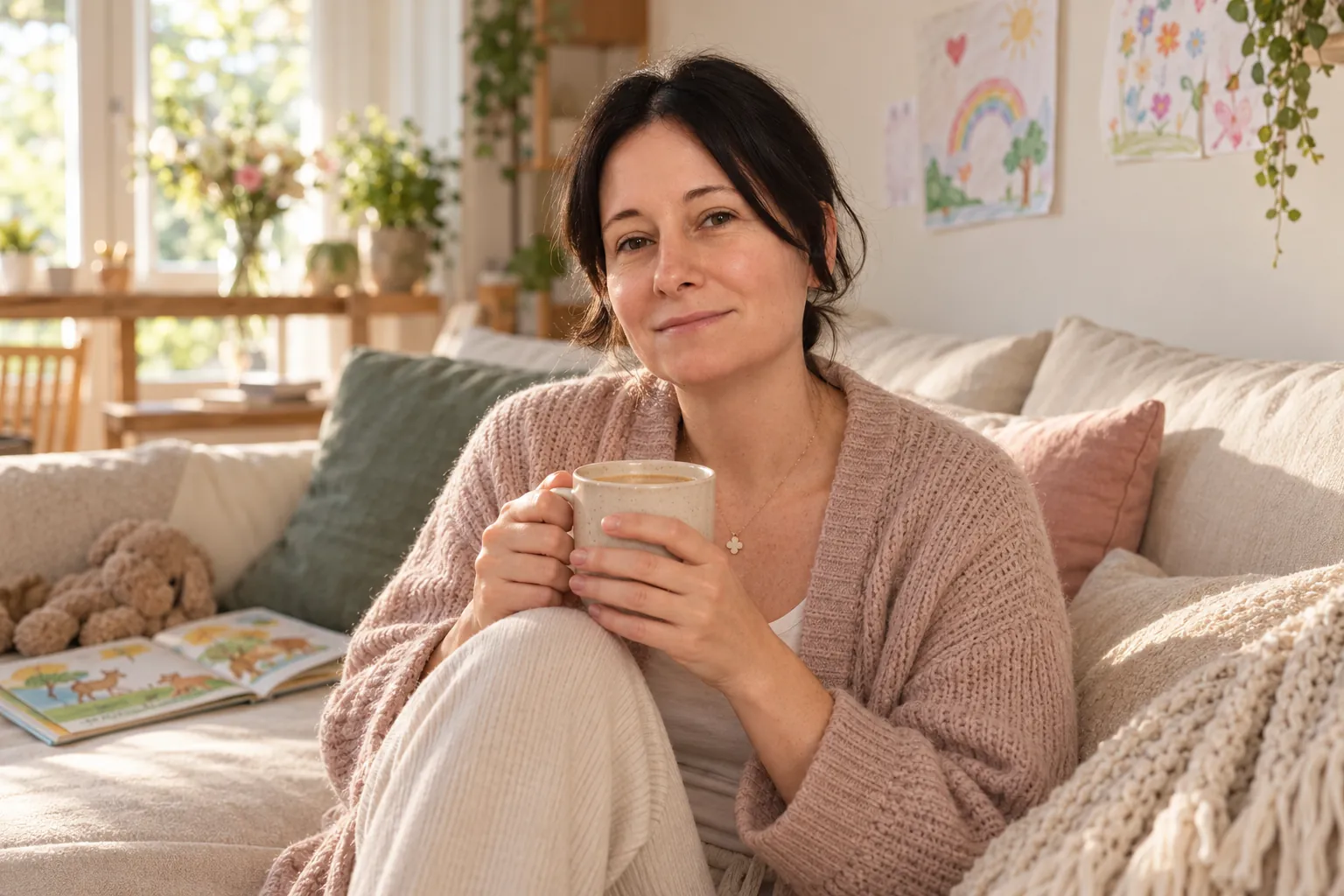Anna sitzt mit einer Tasse Kaffee auf dem Sofa und lächelt.